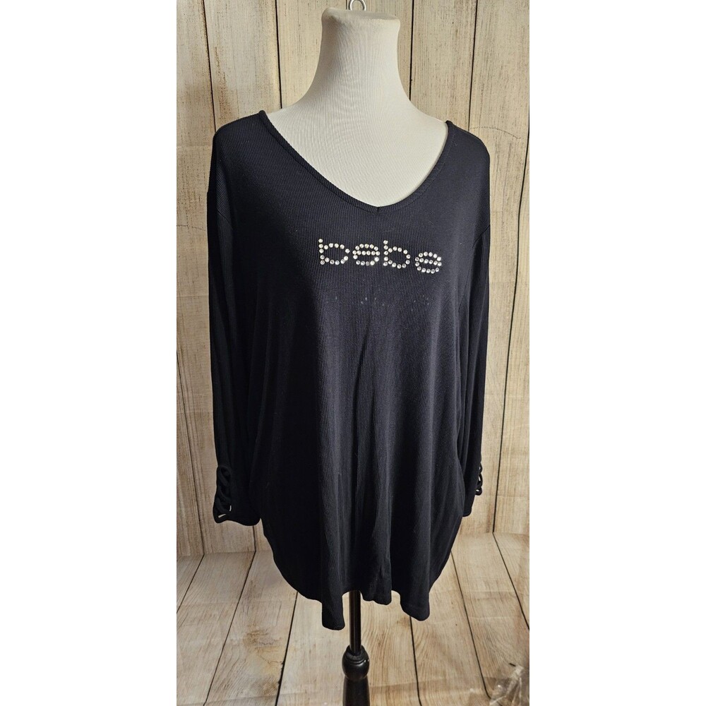 bebe Womens Black Rhinestone Logo Tunic Top Strappy Back Long Sleeve Ribbed Size